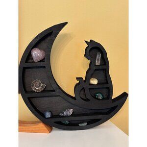Wooden Black Cat and Moon Crystal Shelf,  Witchy Shelf, Crescent Moon Shelf